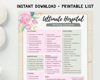 Checkliste für die Kliniktasche und die Geburt – Checkliste für Mutter und Baby – SOFORT-DOWNLOAD – Druckbare, rosa-florale Essentials für Schwangerschaft und Mutterschaft