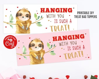 Sloth Valentines for Kids Treat Bag Toppers School Valentine's Editable Valentine Cards Printable Cards Classroom Digital Cards Corjl