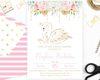 Swan Baby Shower Invitation Blush Pink Swan Shower Swan Party Swan Princess Baby Girl Shower Swan Invite Printable Floral Swans Digital