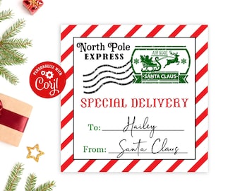 BEWERKBAAR Noordpool-cadeaukaartje van de kerstman Kerstkaartje Speciale bezorging Kinderen cadeau Tags Afdrukbare Xmas Instant Download Bewerken in Corjl-label