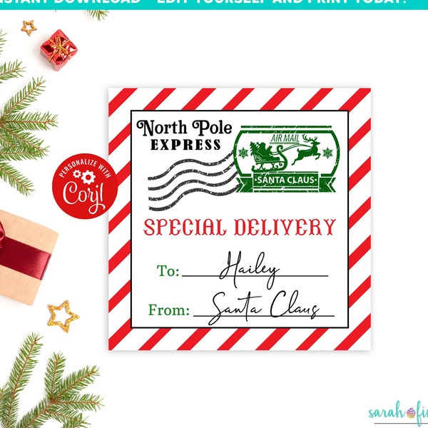 EDITABLE North Pole Gift Tag from Santa Christmas Tag Special Delivery Kids Present Tags Printable Xmas Instant Download Edit in Corjl Label