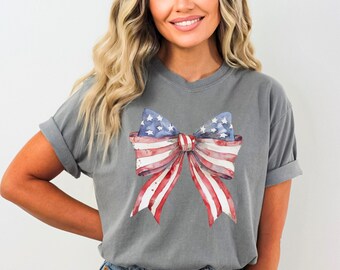 American Coquette Shirt Coquette Bow 4th of July Trendy Shirt Memorial Day Shirt for Mom American Bow Shirt Women Comfort Colors®