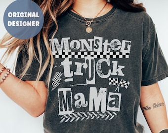 Monster Truck Mama Shirt Comfort Colors Monster Truck Mom T-Shirt Trendy Grunge Monster Trucks Lover Gift Truck Party Checkered Mom Shirt