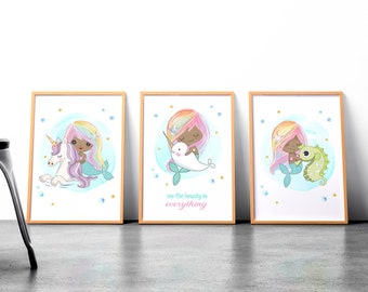 Mermaid Unicorn Narwhal Printable African American Girls Room Wall Art Set Instant Download Prints Unicorn Art Mermaid Printable Bathroom