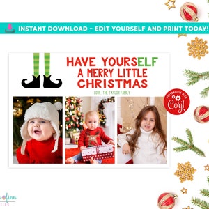Plantilla de tarjeta navideña editable de elfo Agregue sus propias fotos Edite en Corjl Tarjeta navideña Elfo festivo Tarjeta de felicitación navideña divertida para la familia Instantánea