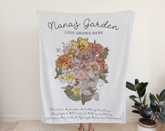 Grandma's Garden Custom Birth Month Flowers Blanket Xmas Gift from Grandkids Birth Flowers Bouquet Personalized Christmas Gift for Grandma