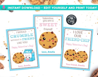 Tarjetas de San Valentín para la escuela de galletas Etiqueta de San Valentín para niños Galletas para el aula San Valentín Tarjeta de San Valentín imprimible de Corjl EDITABLE Friendchip