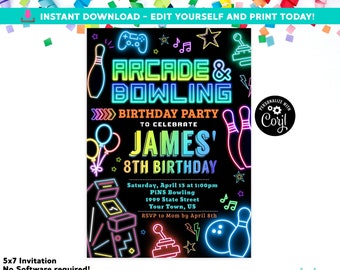 Editable Arcade and Bowling Birthday Invitation Editable Corjl Arcade Invite Bowling Party Digital Printable Editable Boy Bowling Invitation