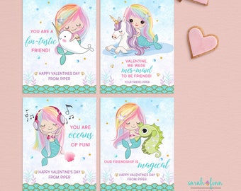 Mermaid Valentine Card for Kids Mermaid Valentine School Printable Narwhal Unicorn Mermaids Printable Cards Classmate Digital Personalized