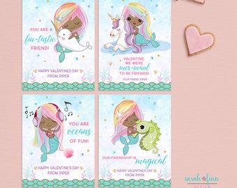 Mermaid Valentine Card for Kids Mermaid Valentine School Printable Narwhal Unicorn African American Printable Cards Digital Personalized