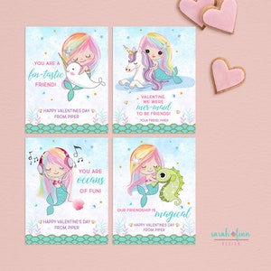Tarjeta de San Valentín de sirena para niños Tarjeta de San Valentín de sirena para la escuela Tarjeta imprimible de sirena con unicornio narval Tarjetas imprimibles de sirenas Compañero de clase Personalizado digital