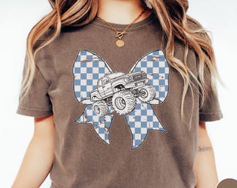 Checkered Bow Shirt Distressed Grungy Monster Truck Mom Tshirt Comfort Colors Tee Monster Truck Mama Birthday Party