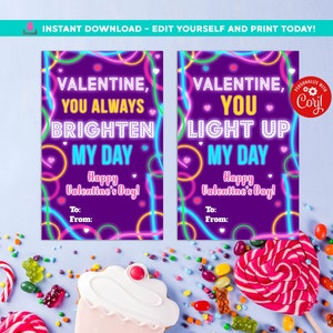 Tarjetas de San Valentín Glow Stick Tarjetas de San Valentín INSTANTÁNEAS para niños Edición imprimible en Tarjetas Corjl San Valentín editables sin alimentos