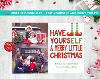 Elf Christmas Photo Card Merry Little Christmas Photo Fun Cute Holiday Card Digital Printable or Printed Holiday Cards 2 photo collage