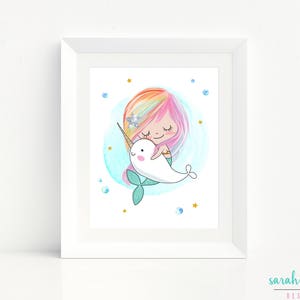 Mermaid Gift for Kids Mermaid Print Narwhal Mermaid Room Decor Instant Download Girls Room Decor Mermaid Art Mermaid Party Printable image 1