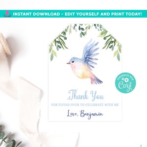 Bird Favor Tags Spring Bird Birthday Greenery Baby Shower Thank You Tags Party Printable Favor Tags Shower Girl Boy Edit in Corjl