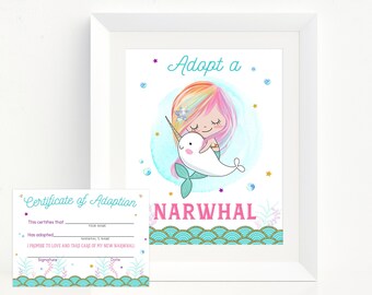 Adopt a Narwhal Printable Sign and Certificate Mermaid Birthday Party Printable Game Instant Download Adoption Sign Under the Sea