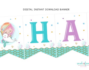 Mermaid Narwhal Birthday Banner Printable Happy Birthday Instant Download Narwhal Under the Sea Ocean Party Decor Decorations DIY Digital