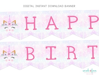 Caticorn Happy Birthday Banner do wydrukowania natychmiastowe pobranie Caticorn Cat Unicorn Kitty Cat Party Decor Supplies DIY Pink Purple Gold