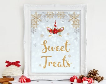 Christmas Unicorn Treat Sign Party Printable Decoration Sweet Treats Unicorn Winter Birthday Instant Download Snowflakes Unicorns