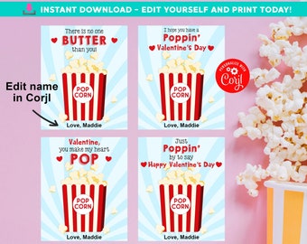 Popcorn School Valentine Cards Heart POP Classmate Valentines EDITABLE in Corjl Valentine Heart Pop Poppin Printable Valentines for Class