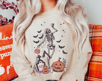 Skeleton Sweatshirt Pumpkin Sweatshirt Dancing Skeletons Halloween Sweatshirt fall sweatshirt fall clothing Spooky Season Fall Clothing