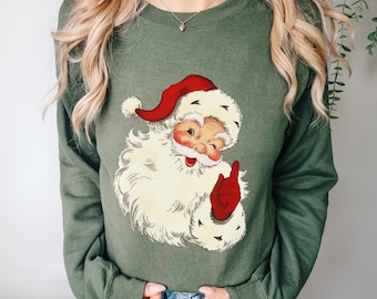 Vintage Santa Head Sweatshirt Retro Santa Sweater Santa Face Sweatshirt for Women Holiday Season Winter Sweatshirt Santa Claus