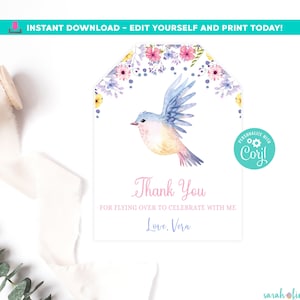 Bird Favor Tags Floral Bird Birthday Baby Shower Birdie Thank You Tags Party Printable Favor Tags Girl First Birthday Editable in Corjl