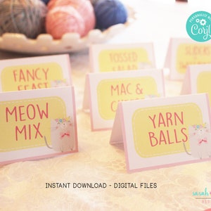 Kitten Food Tents Printable Cat Birthday Party Kitty Food Labels Instant Download Place Cards Birthday Party Printable Party Supplies Corjl