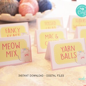 Tentes de nourriture pour chatons imprimables pour fête d'anniversaire de chat Étiquettes de nourriture pour chaton Téléchargement instantané Marque-places Fête d'anniversaire à imprimer Articles de fête Corjl