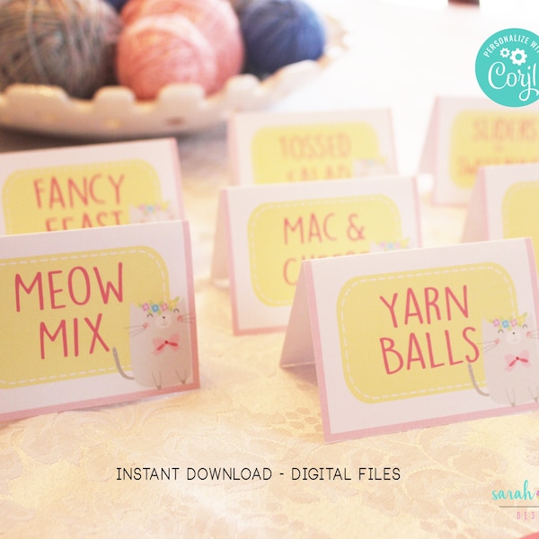 Kitten Food Tents Printable Cat Birthday Party Kitty Food Labels Instant Download Place Cards Birthday Party Printable Party Supplies Corjl