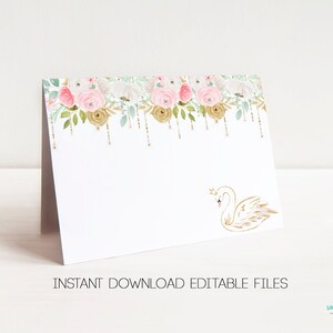 Zwaan voedsel tenten afdrukbare bewerkbare Blush roze zwaan voedseletiketten plaatskaarten 1e verjaardag voedsel tenten Instant Download decor verjaardagsfeestje DIY