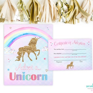 Unicorn Party Adopt a Unicorn Party Birthday Sign Rainbow Gold Unicorn Decorations Printable Instant Download Adoption Sign and Certificates