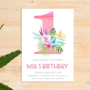 First Birthday Invitation Luau Invitation Hawaiian Invitation Aloha Tropical Flower Watercolor 1st Birthday Summer Printable Moana Palm