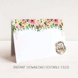 Tentes de nourriture pour hérisson imprimable fille hérisson mignon floral nourriture étiquettes marque-places fête premier anniversaire téléchargement immédiat imprimable modifier dans Word