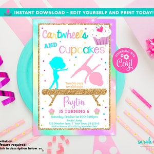 Editable Cartwheels and Cupcakes Birthday Invitation Gymnastics Party Invite Instantly Edit in Corjl Editable Template Girl Dancer Birthday