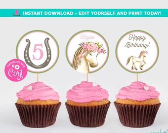 Editable Horse Cupcake Toppers Printable Pony Party Printable Decor Birthday Cupcake Edit in Corjl Instant Decorations Girl Birthday Farm