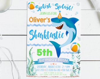 Shark Birthday Invitation Pool Party Invite Printable Shark Party Splish Splash Under the Sea Ocean Pool Party Happy Cute Shark Party