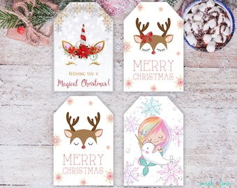 INSTANT DOWNLOAD Reindeer Tags Mermaid Narwhal Unicorn Christmas Gift Tags Printable Variety Pack Reindeer Face Christmas Labels Gift Tags