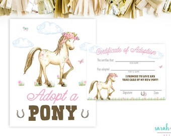 Adopt a Pony Printable Sign and Certificate Girl Horse Birthday Party Printable Game Instant Download Adoption Sign Ponies Party