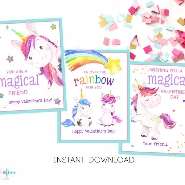 Unicorn Valentines Day Cards for Kids INSTANT DOWNLOAD Valentines Day School Rainbow Kid Valentines Unicorns Printable Valentine Cards