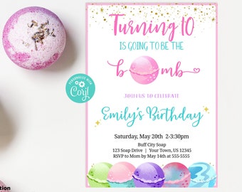 Bath Bomb Birthday Invitation Editable Bath Bomb Invite Soap Birthday Party Digital Printable Bath Bomb Girl Party Spa Invitation Corjl