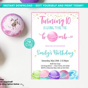 Bath Bomb Birthday Invitation Editable Bath Bomb Invite Soap Birthday Party Digital Printable Bath Bomb Girl Party Spa Invitation Corjl