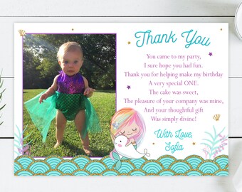 Mermaid Thank You Card Narwhal Birthday Mermaid Party Narwhal Thank You Card Printable Photo Mermaid Birthday Party Teal Purple Gold