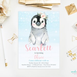 May include: A blue and white invitation with a penguin illustration. The invitation says "Scarlett is turning three. Come celebrate with us."  The invitation includes the date, time, and location of the party. RSVP information is also included.