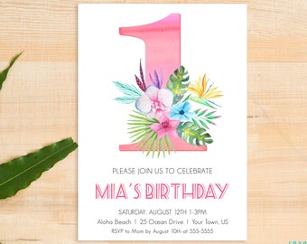 First Birthday Invitation Luau Invitation Hawaiian Invitation Aloha Tropical Flower Watercolor 1st Birthday Summer Printable Moana Palm
