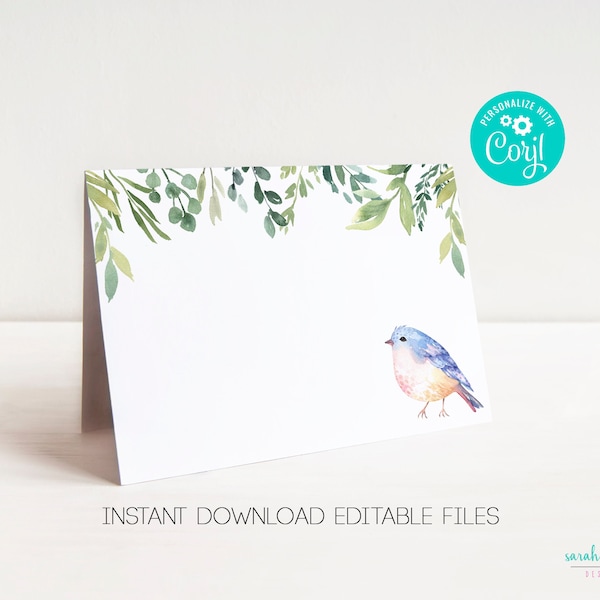 Tentes de nourriture pour oiseaux Téléchargement instantané modifiable avec Corjl Greenery Garden Birdie Birthday Party Decor Place Cards Food Labels Printable Tents Boy