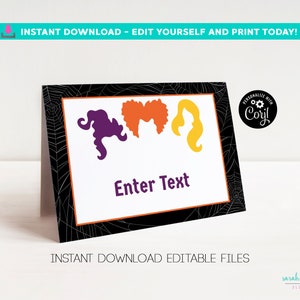 Halloween Witches Food Tents Instant Download Editable with Corjl Halloween Party Labels Place Cards Printable Digital Witch Place Cards