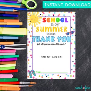 Porta tarjetas de regalo para maestros / Regalo de agradecimiento de descarga instantánea / Tarjeta de agradecimiento "Terminó la escuela, llegó el verano" / Regalo de fin de año imprimible