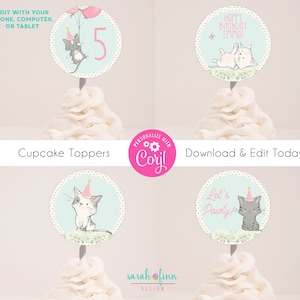 Kitten Birthday Cupcake Toppers Editable Cat Party Decor Cupcake Topper Printable Editable with Corjl Instant Download Kitty Cat Kitten
